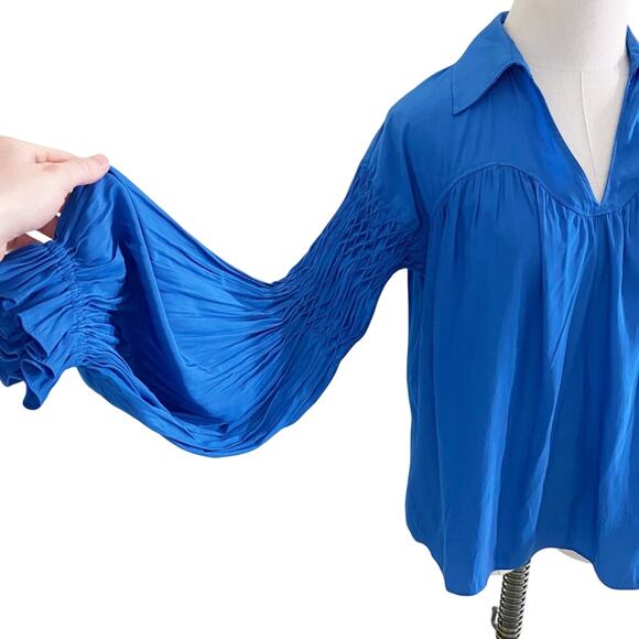 Ramy Brook Blue Balloon Sleeve Blouse Size XS EUC Collar V-Neck - Picture 5 of 13